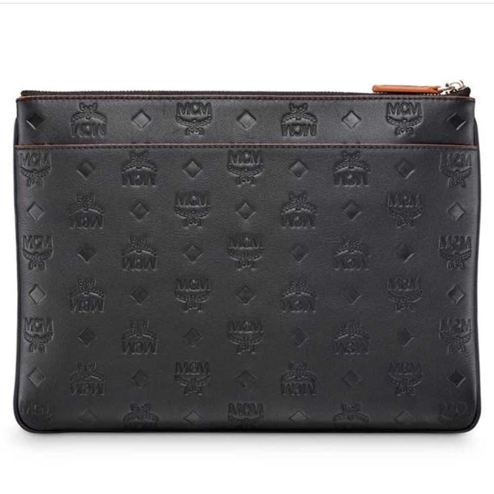 MCM Black Leather Laptop Bag with Embossed Design